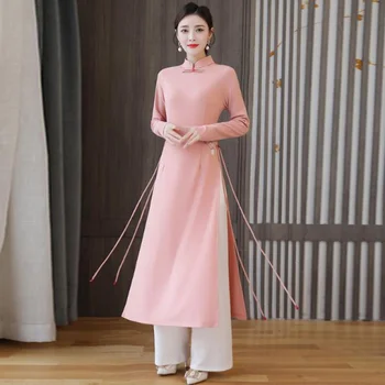 2023 китайски ретро денс костюм национално сетчатое рокля с флорални принтом, комплект панталон за изпълнения на сцената, китайски ретро комплект ципао