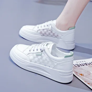 Дамски Обувки на платформа, Летни Бели Маратонки за момиченца с изравняват повърхността в шахматна дъска модел, Дишаща Вулканизированная обувки, Дамски Ежедневни спортни обувки на плоска подметка