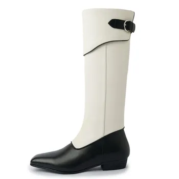 Висококачествени дамски ботуши до коляното, модни черни, бели, цветни престрелки ботуши с квадратни пръсти на ниски токчета, дамски замшевая обувки с катарама
