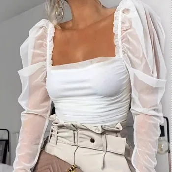 Женска тениска, Секси сутиен с квадратни деколтета и ръкави-мехурчета, мрежест топ с къдри по края, тениски с дълъг ръкав