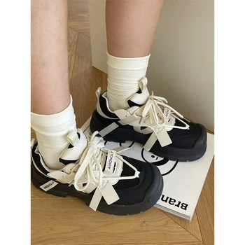 Дамски Вулканизированная обувки, Маратонки с дишаща мрежа На дебелите обувки, Дамски обувки, Ежедневни Пролетно-есенни Обувки на платформа с шнур За дамите