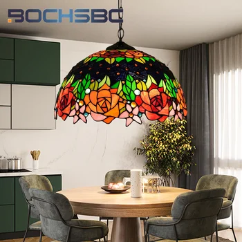 BOCHSBC Тифани Light Луксозен стъклен окачен лампа в стил арт деко от Хол-Трапезария Спалня Хотел Розов полилей 16 инча