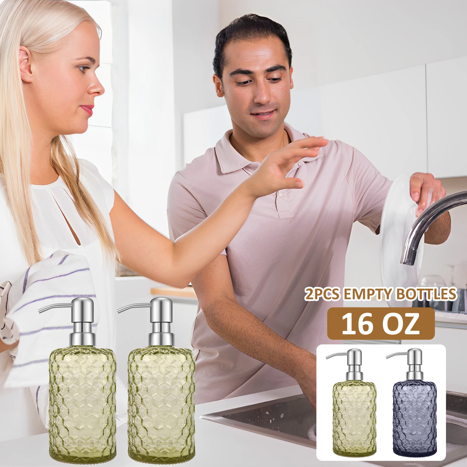 Бутилка с дозатор сапун 2 елемента с помпа от неръждаема стомана, Стъклена опаковка сапун на 16 унции, за многократна употреба контейнер за сапун за ръце, нержавеющее стъкло . ' - ' . 0