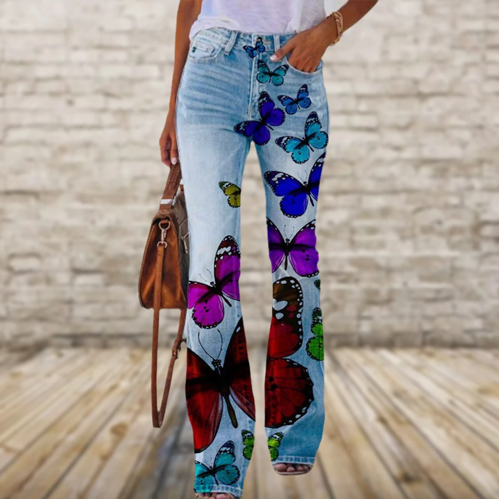 Дамски 2023 Нови стегнати дънки с 3D принтом Пеперуди, ежедневни удобни Модни красиви дамски дънки големи размери . ' - ' . 5