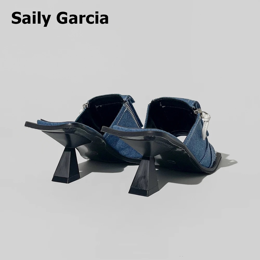 Сини дънкови Секси чехли с квадратна отворени пръсти в Ретро стил 2023, Нови Летни дамски Джапанки на коническом токчета, украсени с метална пеперуда, Модерни обувки . ' - ' . 2