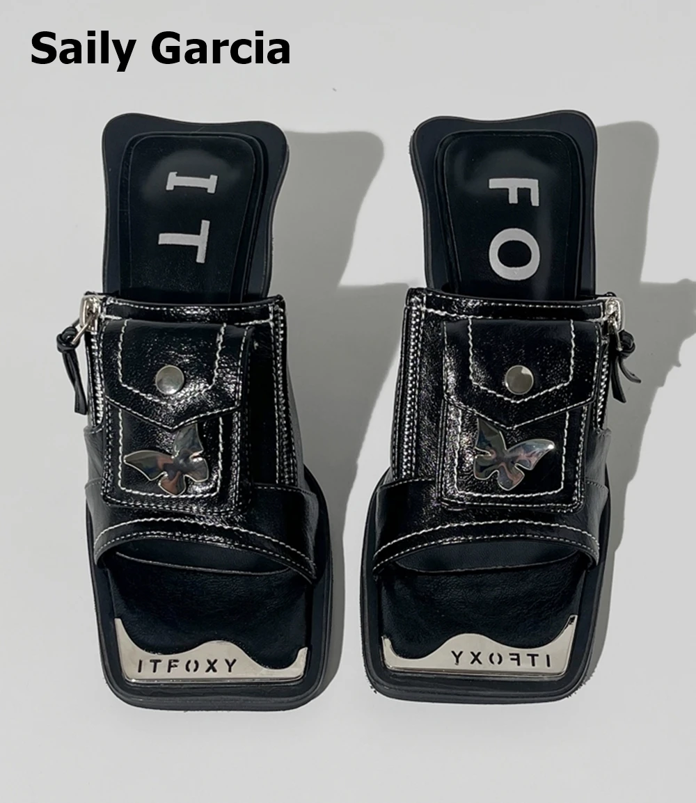 Сини дънкови Секси чехли с квадратна отворени пръсти в Ретро стил 2023, Нови Летни дамски Джапанки на коническом токчета, украсени с метална пеперуда, Модерни обувки . ' - ' . 5